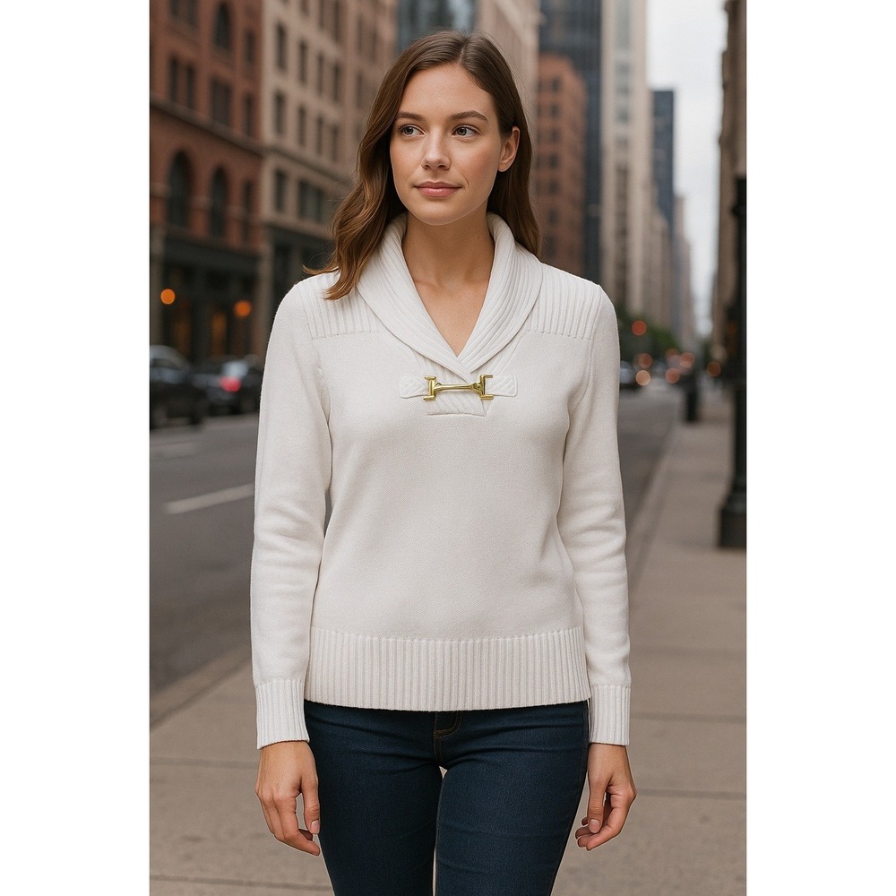 Chaps Women White Pullover Sweater‎ L Shawl Collar Bridle Old Money Preppy READ